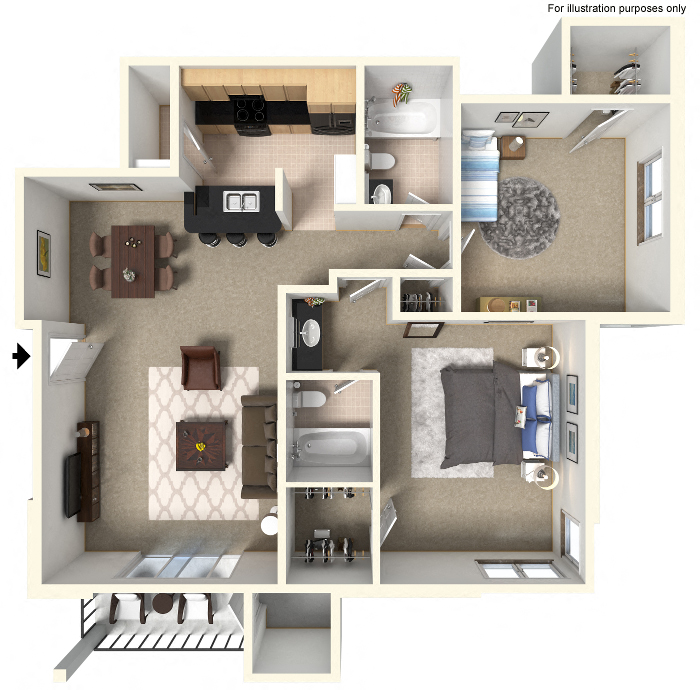 Floor plan for 2 beds, 2 baths, 1020 sqft